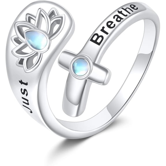 Just Breathe Rings for Women S925 Sterling Silver Cross Hope Rings Just Breathe Ring Adjustable Inspirational Moonstone Jewelry Gift For Women Female