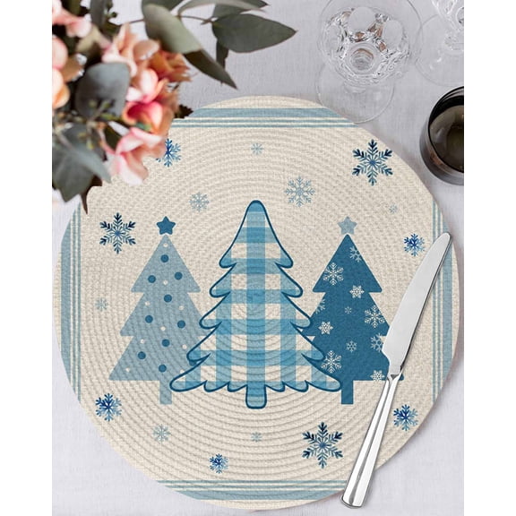 13 Inch Round Placemats Set of 6, Blue Christmas Trees Non Slip Heat Insulation PP Table Mats, Navy Winter Snowflakes Retro Beige Washable Place Mats for Kitchen Dining Party Table Decor