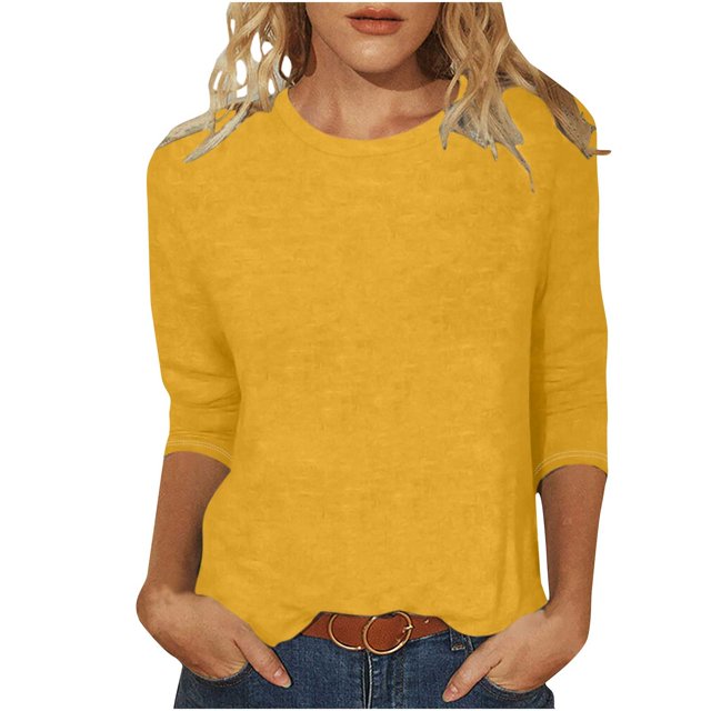 Admvng Blouses pour Femmes Chic Décontracté Col Rond Manches 3/4 T-shirt Ample Basique Hauts pour Femmes P-2TG