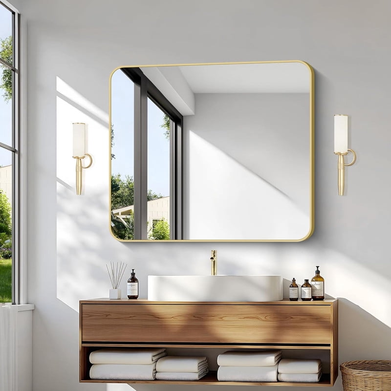Clarvion 30"x40" Rounded Edge Rectangle Bathroom Mirror Wall Mounted Vanity Mirror,Gold