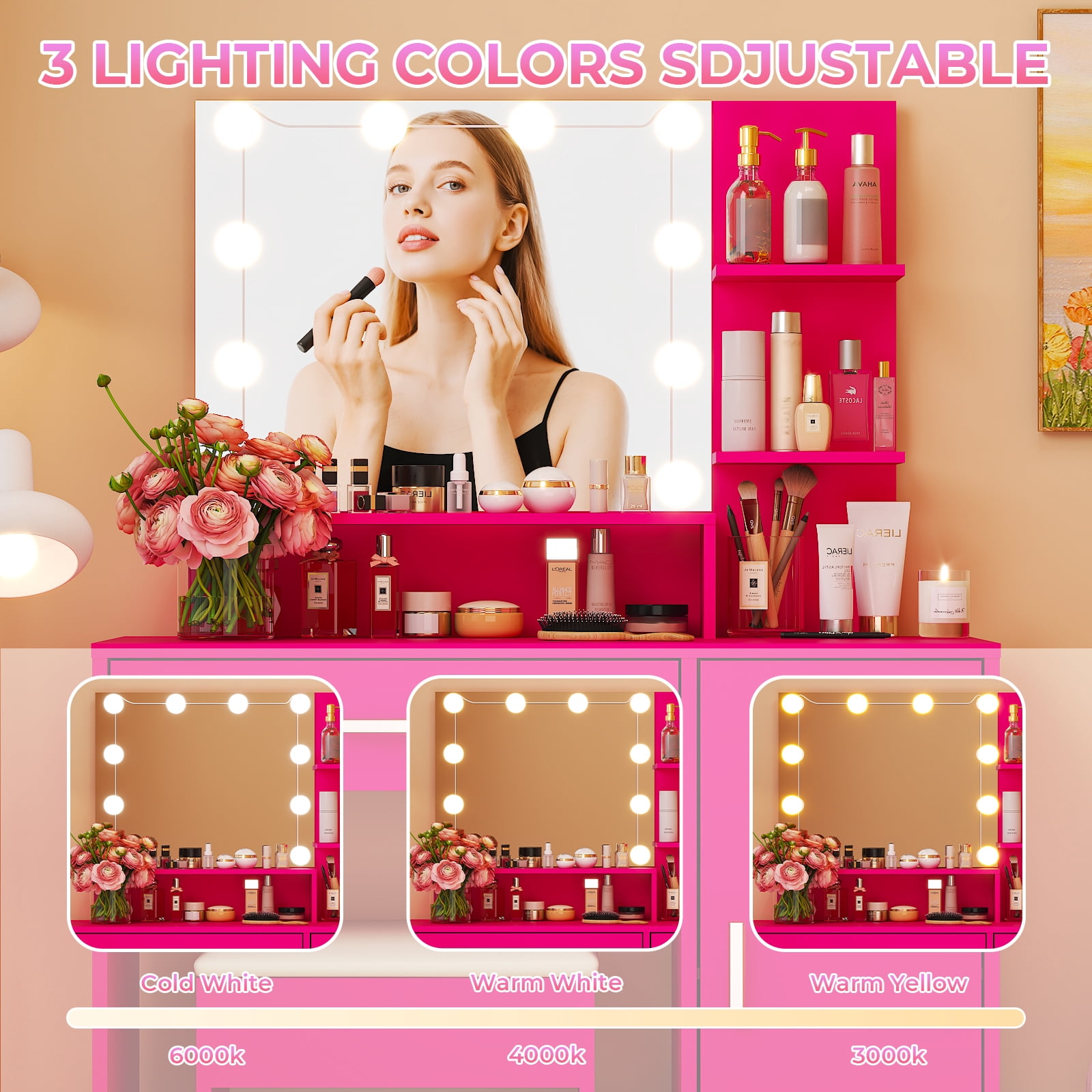 Ktaxon Vanity Set with 3 Color Lighted Mirror, Makeup Table with 3 Storage Shelves & Drawers, Dressing Table Makeup Desk with Stool,Hot Pink