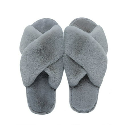 

SIMANLAN House Slippers Womens Fuzzy Plush Home Fluffy Furry Open Toe House Shoes Indoor Outdoor Slides Ladies Grey 9.5-10