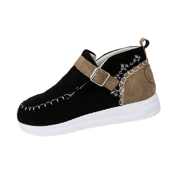 Black Women'S Fashion Casual Cold Weather Fuzzy Lined Cozy Footwear Featuring Circular Toe Enclosed Design Buckle Strap Flat Heel For Daily Use