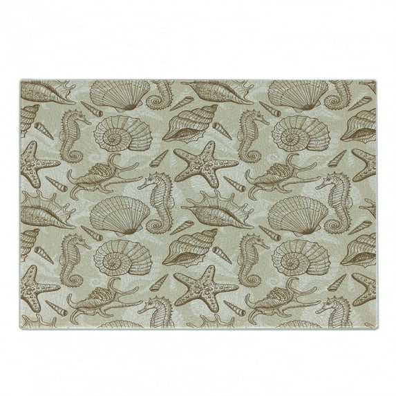 Beige Cutting Board, Exotic Marine Animals in Retro Style Illustration Shells Starfish Seahorse Contemporary, Decorative Tempered Glass Cutting and Serving Board, Small Size, Beige, by Ambesonne