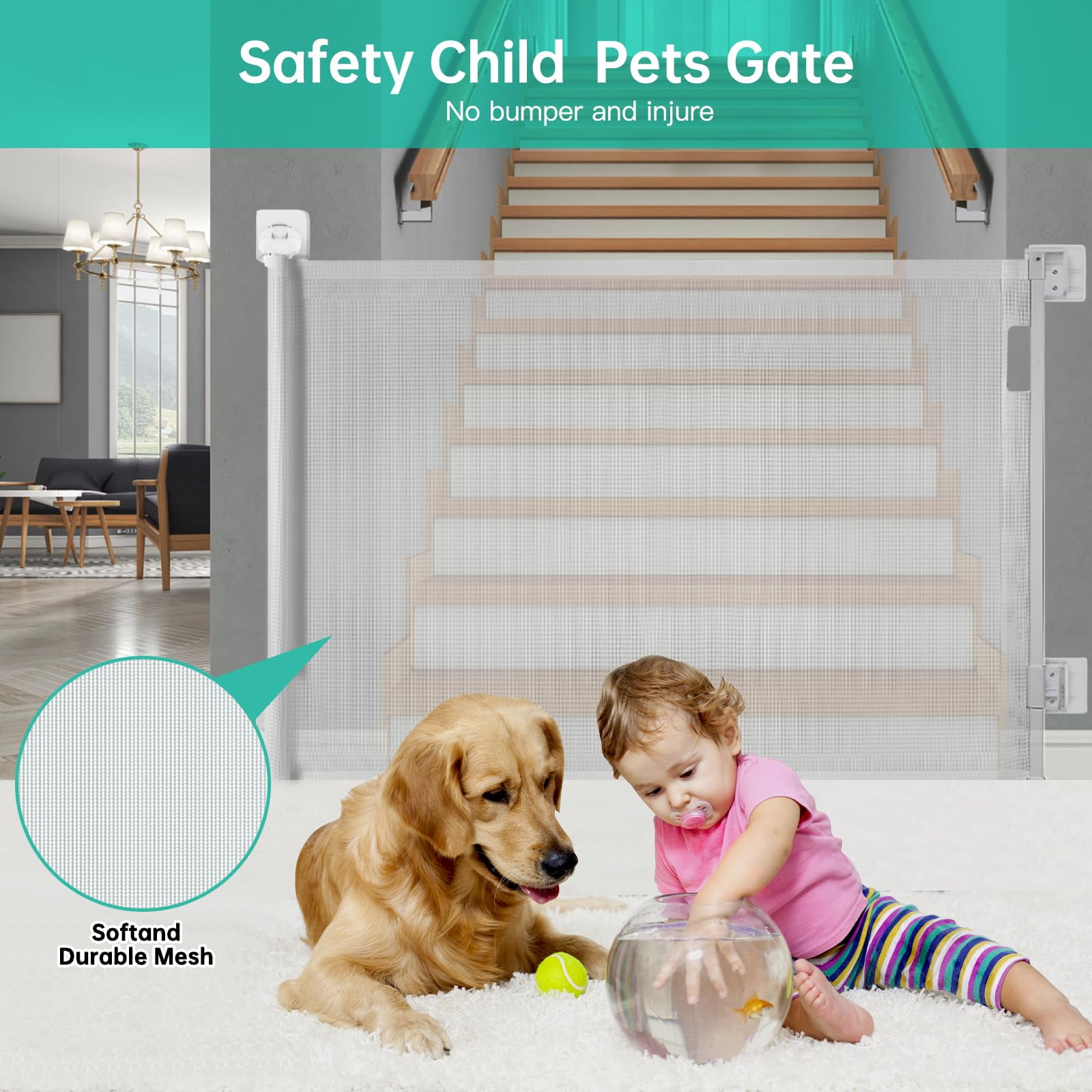 Sunnycome Retractable Baby Gate,Mesh Dog Gate,126" Wide Extends up to 33"Tall,Child Safety Gate for Doorways,Stairs,Hallways,Indoor Outdoor White