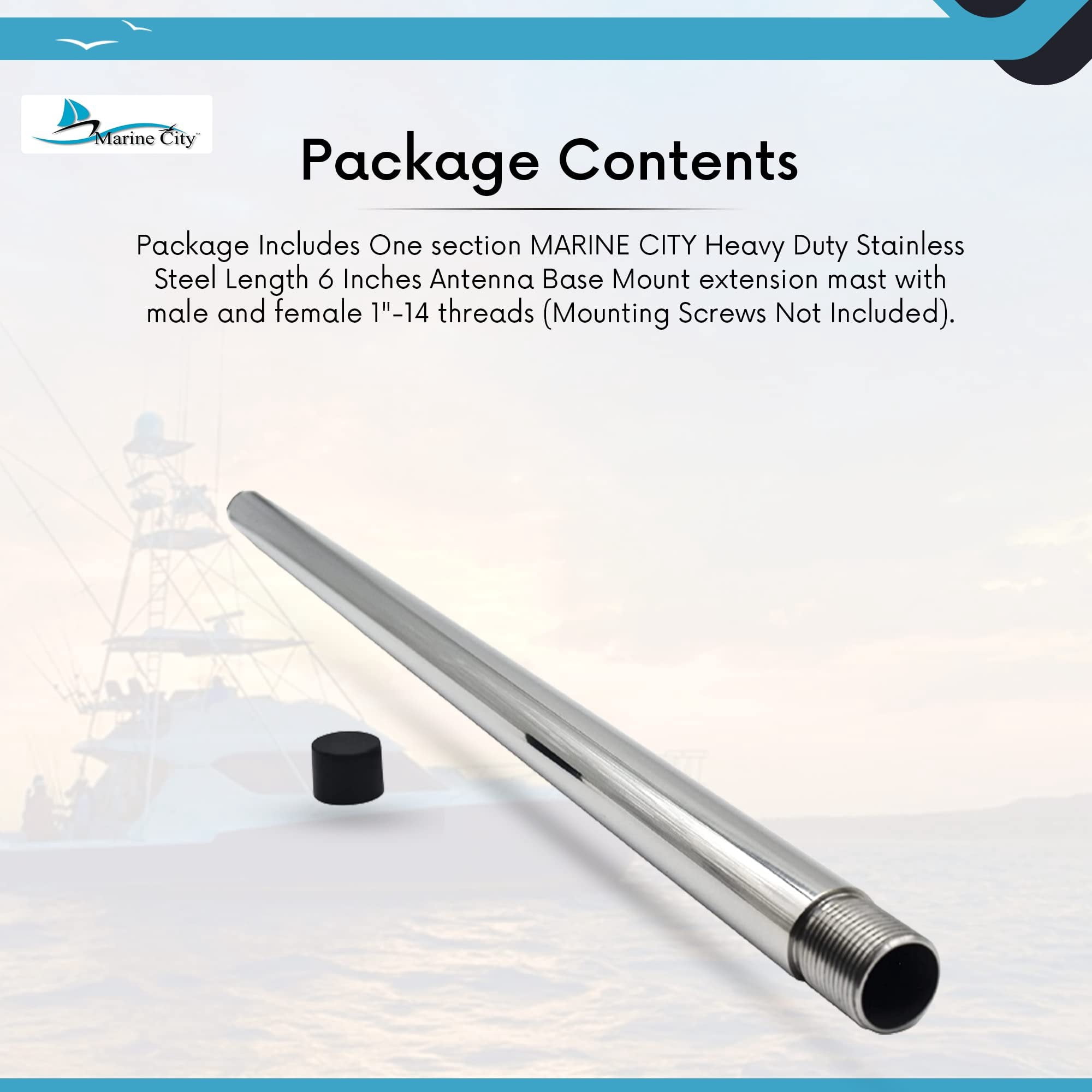 MARINE CITY 24 Inches Antenna Base Mount Extension Mast, Heavy-Duty 304 Stainless Steel, Corrosion-Resistant, 1 Inch-14 Threads, Perfect for Boats, Yachts, and Kayaks