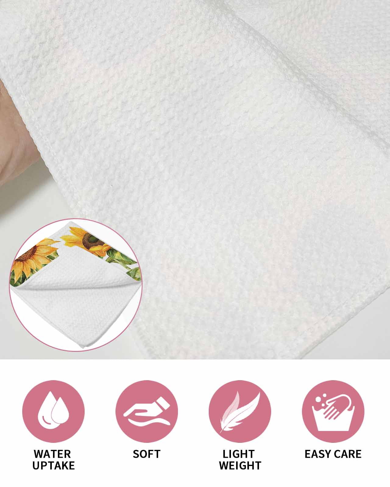 Sunflower Bee Kitchen Dish Towels for Drying Dishes Set of 3, Vintage Yellow Floral Farmhouse Watercolor Waffle Weave Microfiber Hand Tea Bathroom Towels Quick Dry & Absorbent Towel 12x12