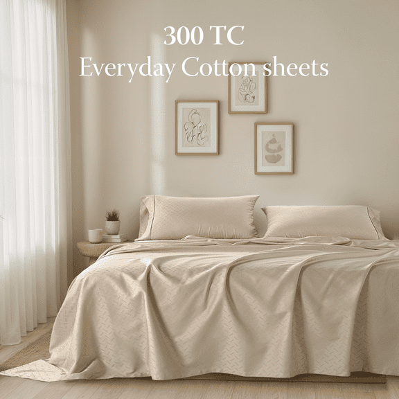 Threadmill Home Linen Cotton Queen Bed Sheet Set, Damask Jacquard, 16” Deep Pocket, 4 Pieces, Beige