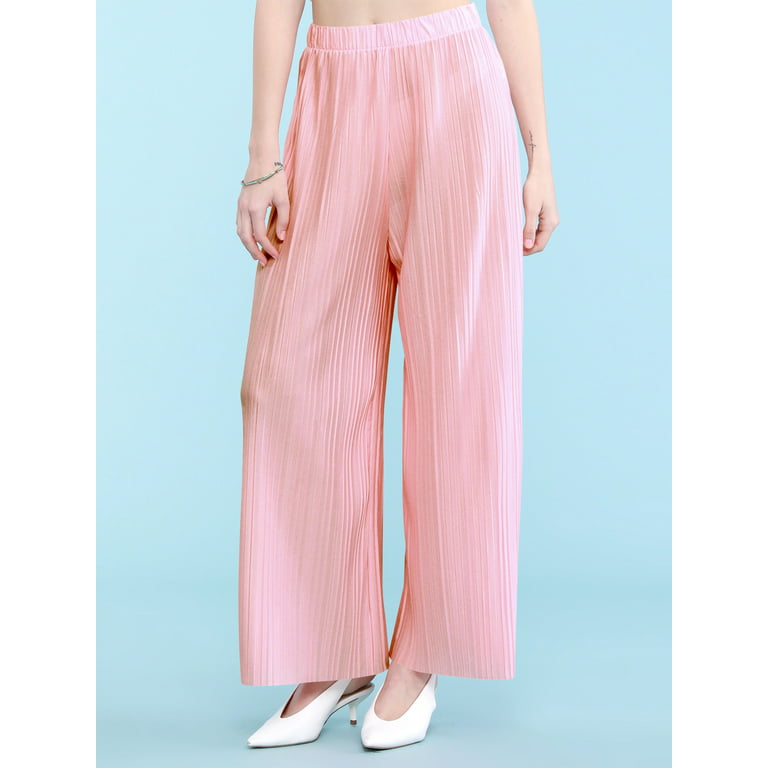 Made by Johnny Women's Pleated Wide Leg Pants with Elastic Waist Band L PINK