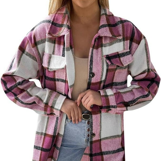 Chaqueta informal de gran tamaño para mujer, con botones, manga larga, cálida, a cuadros, para otoño e invierno