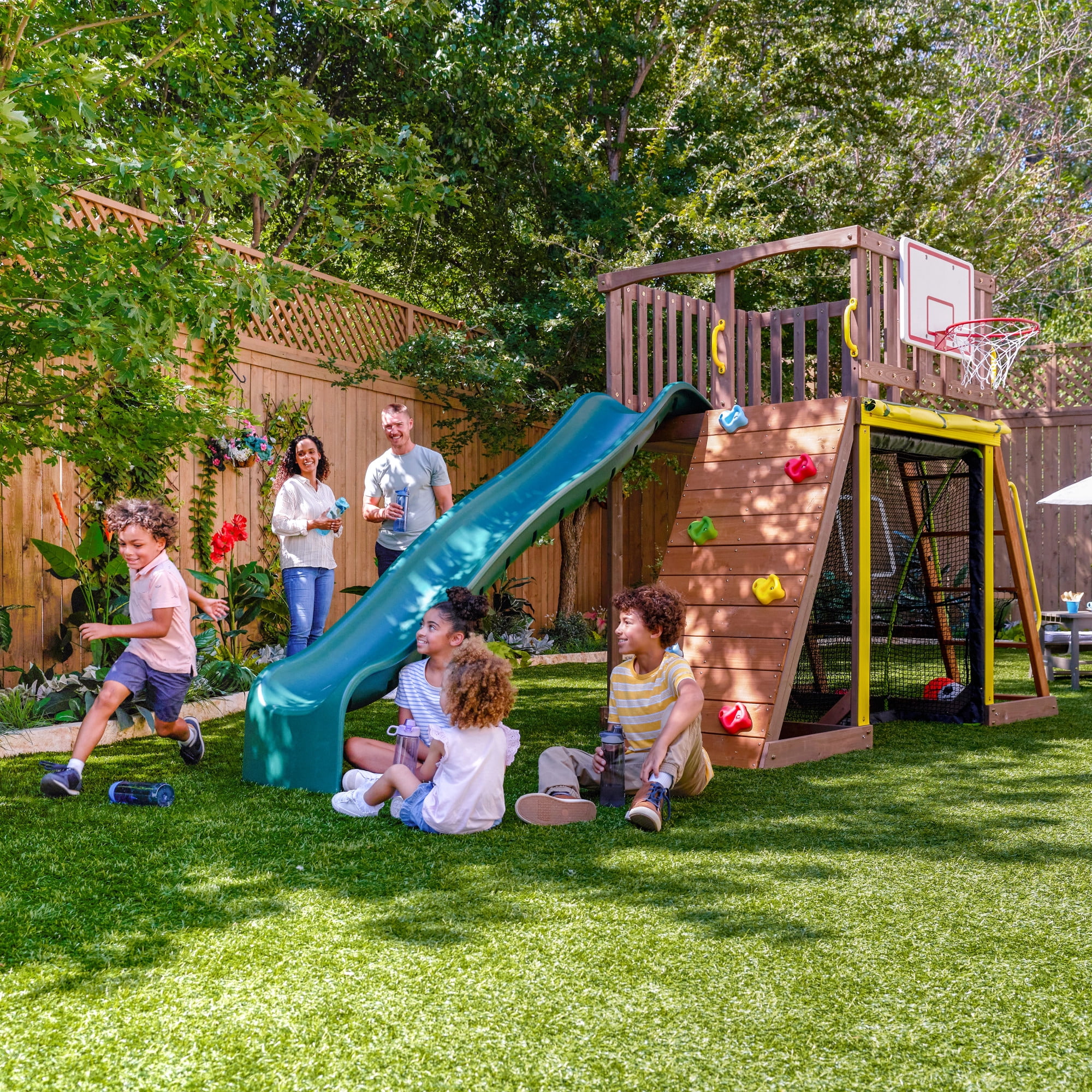 KidKraft All-in-One Sports Adventure Wooden Outdoor Playset with Rock Wall, Basketball Goal and Sports Equipment