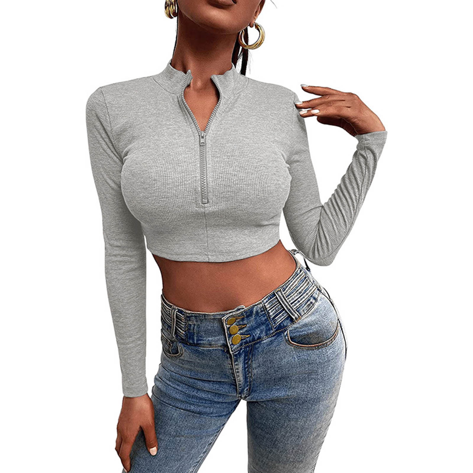 NEGJ Women's Sexy Tops V Neck Long Sleeve Half Zipper Crop Shirts Blouse