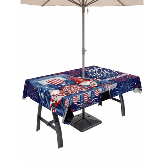 Outdoor Tablecloth with Umbrella Hole for Patio/Picnic/Party/Camping, Independence Day Gnomes Waterproof Table Cloth Rectangle Table Cover Washable, Blue Truck Firework Navy Blue (54"x 80")