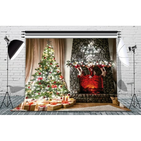 Image of HelloDecor 7x5ft Christmas Theme Christmas Tree Fireplace Photography Backdrop Photo Video Studio Props Background