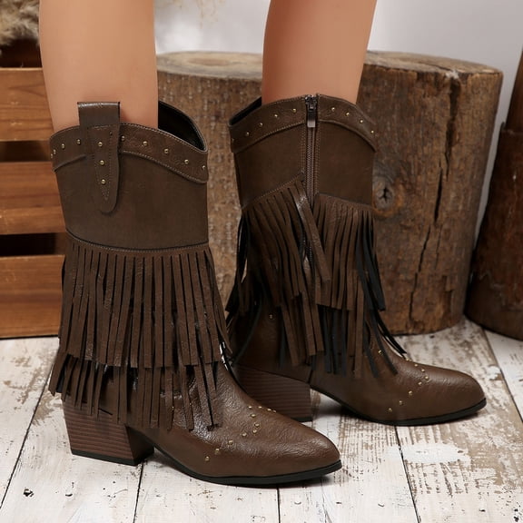 SKIYLEVZ Mid-calf Boots for Women Wide Calf Cowgirl Boots Boots for Women Slip-on Flat Chelsea Boots Women Ladies Fall Slip On Women Shoes Winter Boots for Women