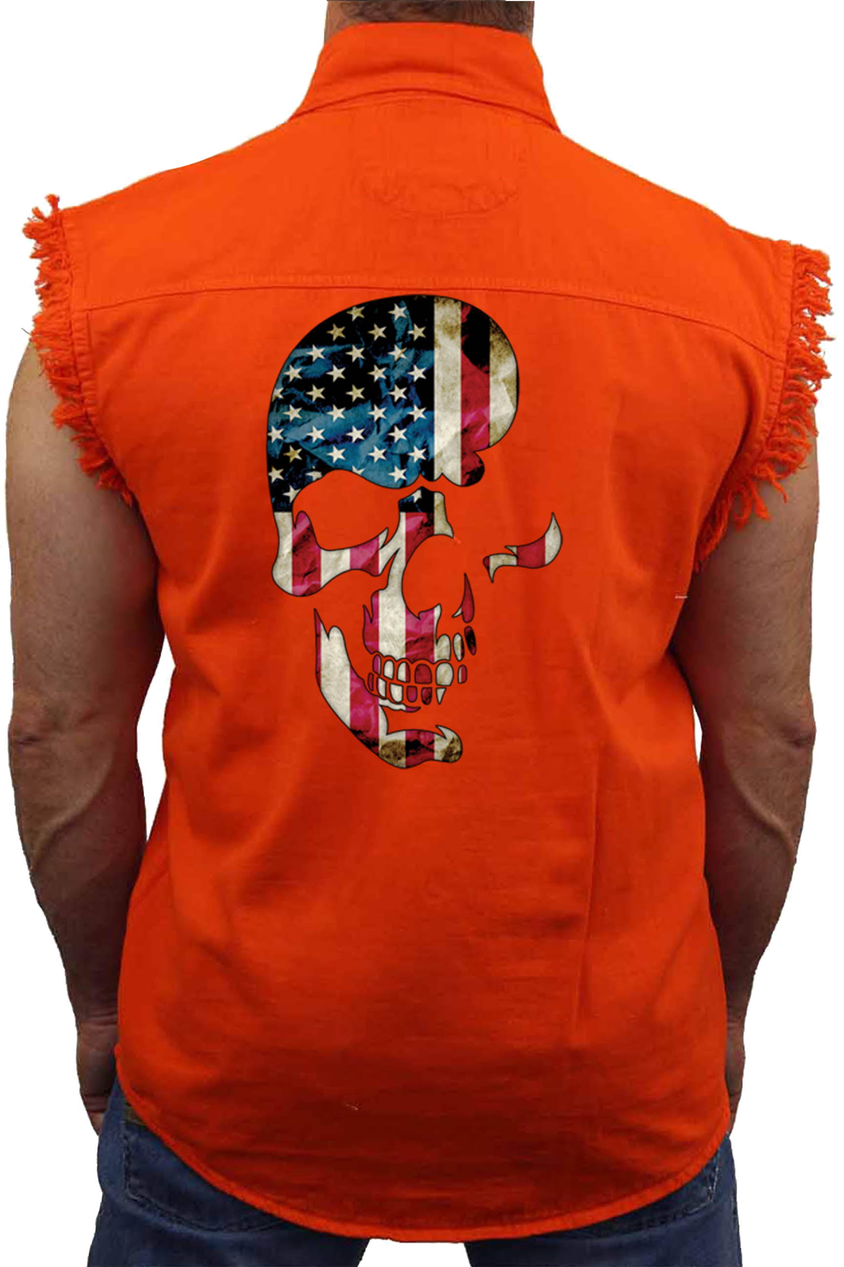 Biker Apparel - Men's Sleeveless Denim Shirt USA Flag Skull Americana ...