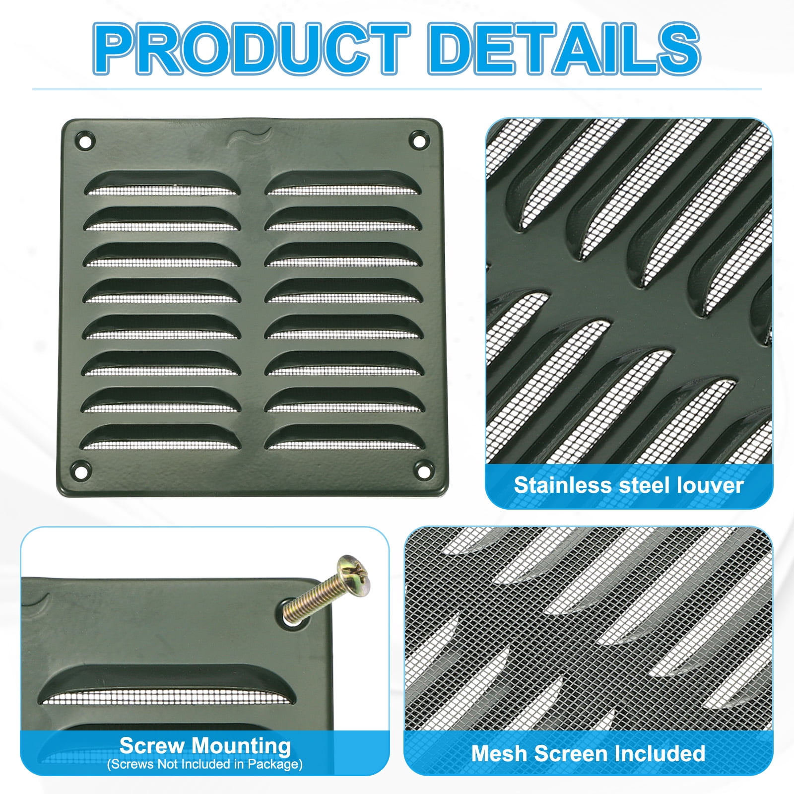 Uxcell Aluminum Vent Cover, Screen Air Grille Ventilation Cover HVAC Louvered Grill for Home Kitchen Fireplace Green