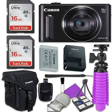 Canon PowerShot SX610 HS Wi-Fi Digital Camera (Black) with 2x Sandisk 16 GB SD Memory Cards + Tripod + Canon Case + Card Reader + Cleaning Kit