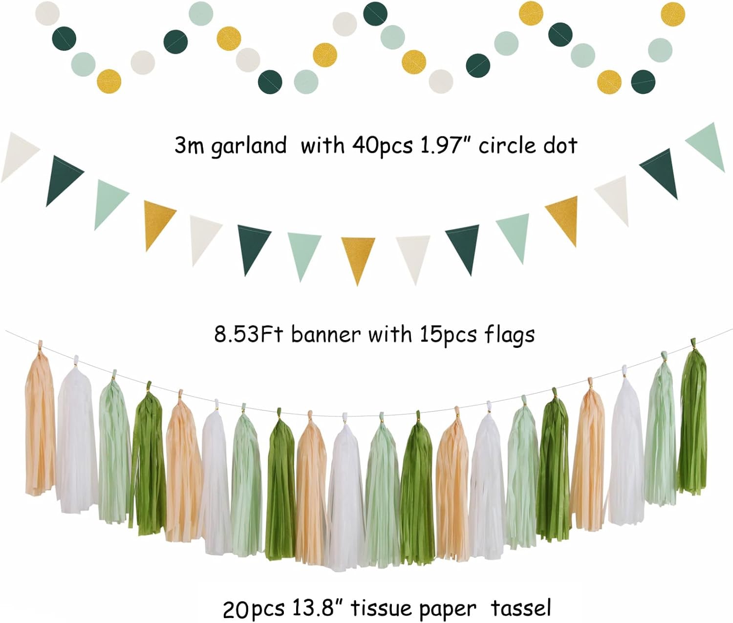 NestE Sage-Olive Green Gold Brown Boho Party-Decorations - 33pcs Paper Lanterns Fan, Banner,Streamers Tassel Garland,Tissue Pom Poms,Baby Bridal Shower Birthday Wedding Bachelorette Engagement Decor