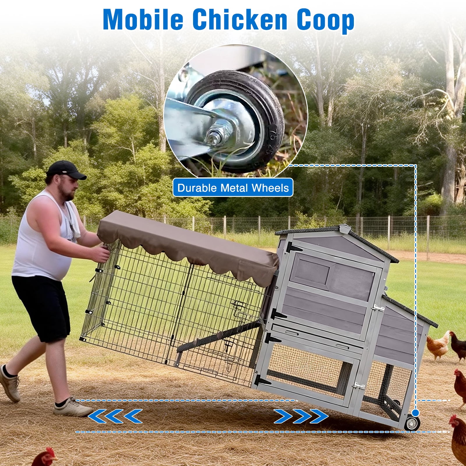 Suumerpety Chicken Coop with Wheels & Metal Run for 4-6 Chickens, Chicken House with Leak-Proof Tray, UV-Resistant Roof & Nesting Box for Outdoor Backyard, Gray