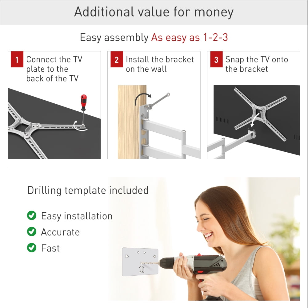 Barkan White TV Wall Mount, 13 - 65 inch Full Motion Patented Flat / Curved Screen Bracket, Holds up to 88lbs, Patented, Fits LED OLED LCD