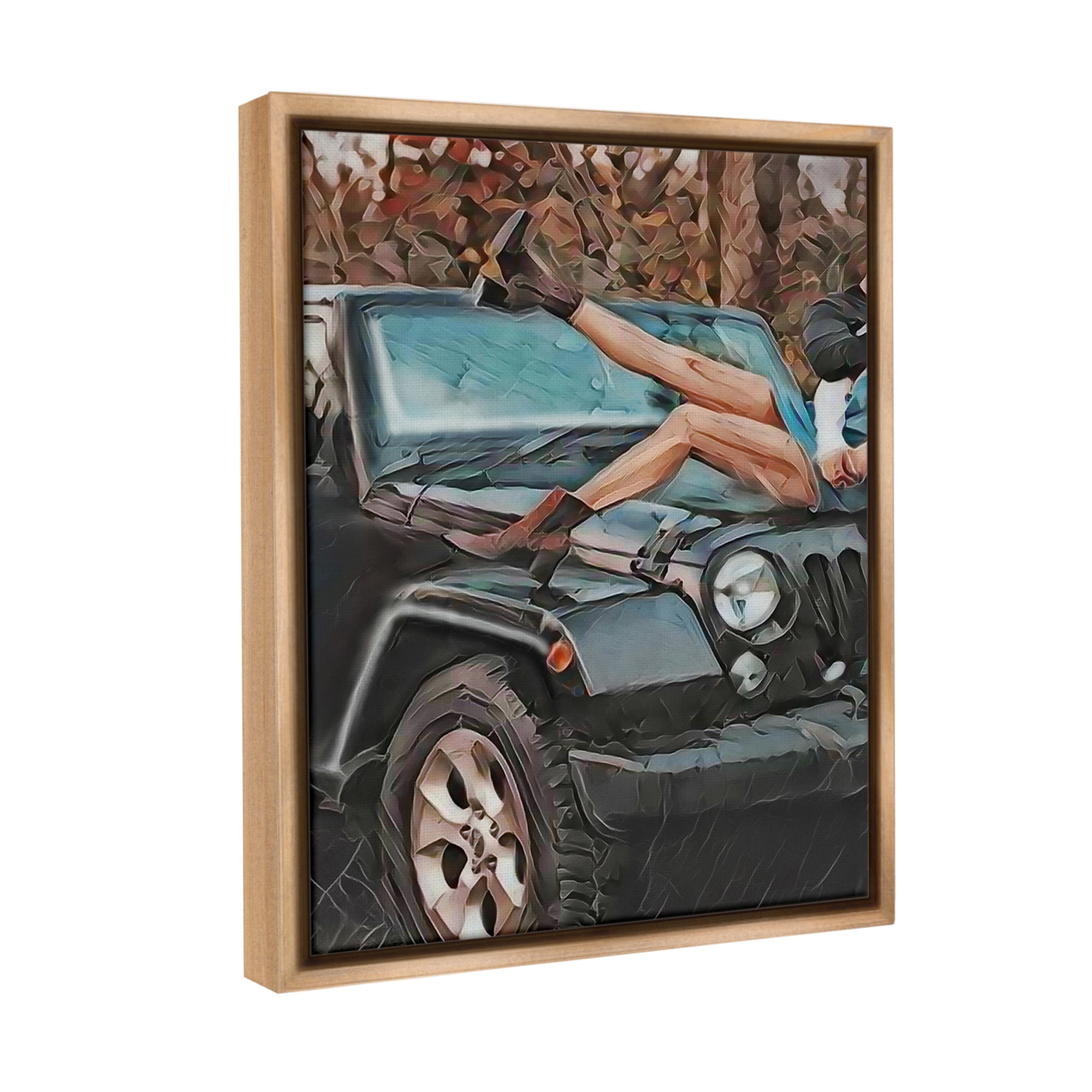 Stupell Industries Cowgirl on Car Hood Transportation Painting Brown Floater Framed Canvas Art Print Wall Art, 17 x 21