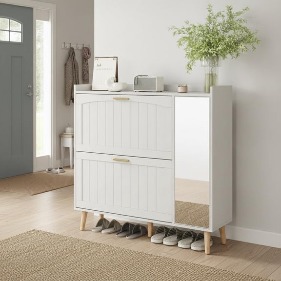 Kicctian Shoe Cabinet with Mirror – White Wooden Entryway Organizer with 2 Turn Drawers, Adjustable Side Storage Shelves for Hallway, Bedroom, Living Room,White