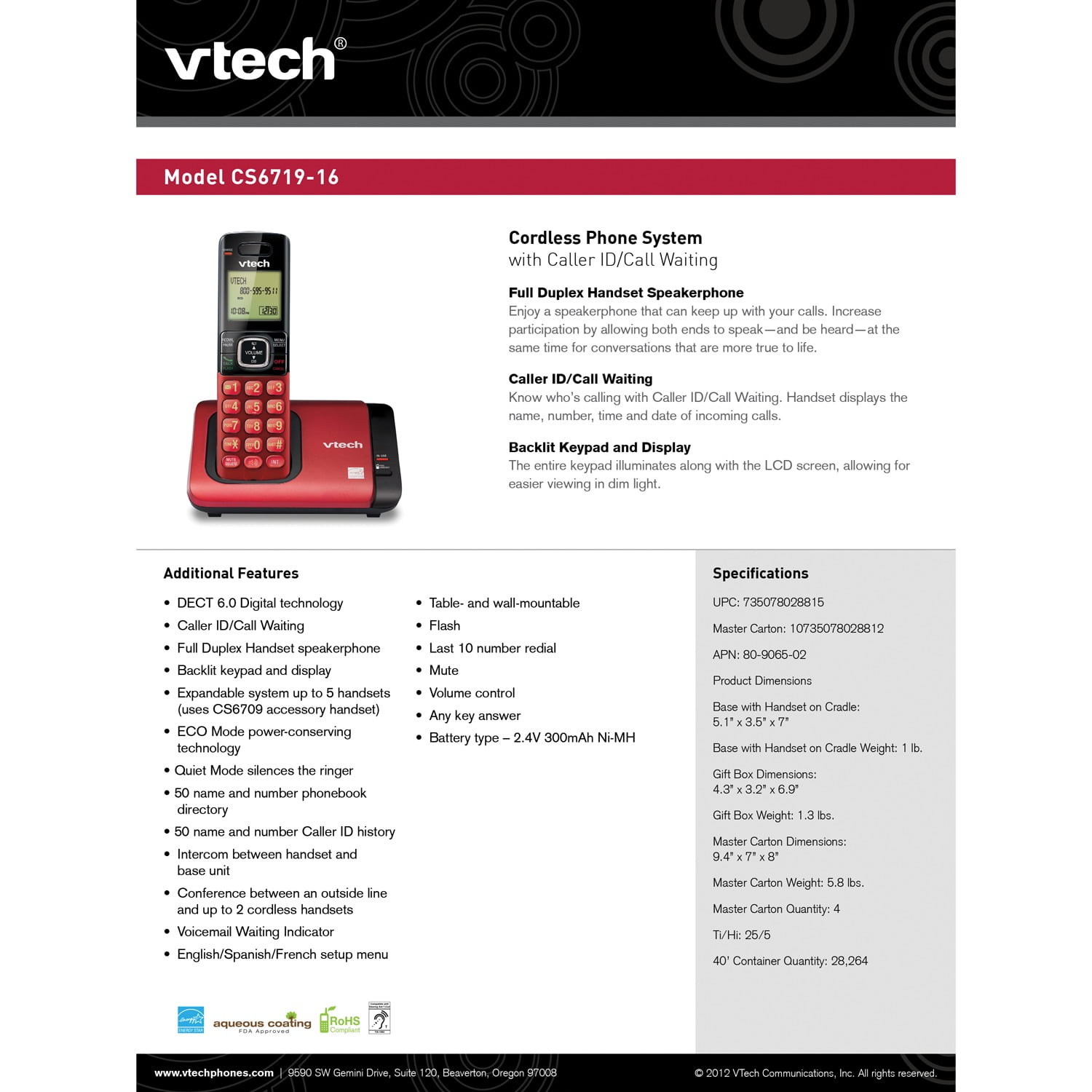 VTech DECT 6.0 Expandable Cordless Phone System with Caller ID & Call Waiting, Red, CS6719-16