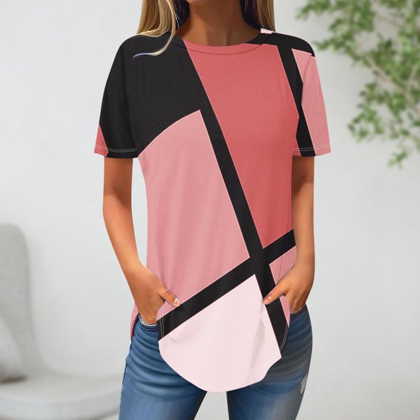 Fiudx Ofertas de La Semana Blusa de Manga Corta Vendida a La Moda para Mujer, Blusas Informales con Cuello Redondo