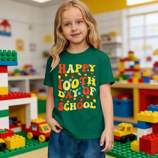 Las niñas camiseta de manga corta - de vuelta a la escuela Casual de alta calidad camiseta de algodón suave, tamaños de 2-13 años, 14 colores, lindo diseño de 100 días de impresión gráfica