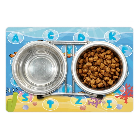 Nursery Activity Pet Mat for Food and Water, Letters of the Alphabet in Bubbles Under the Sea Educational Illustration, Non-Slip Rubber Mat for Dogs and Cats, 18" X 12", by Ambesonne