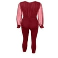 thumbnail image 4 of Combinaison Élégante pour Femmes Scintillant Mesh Transparent Manches Longues V-Cou Pantalon Bodycon Romper Vin Rouge L, 4 of 9