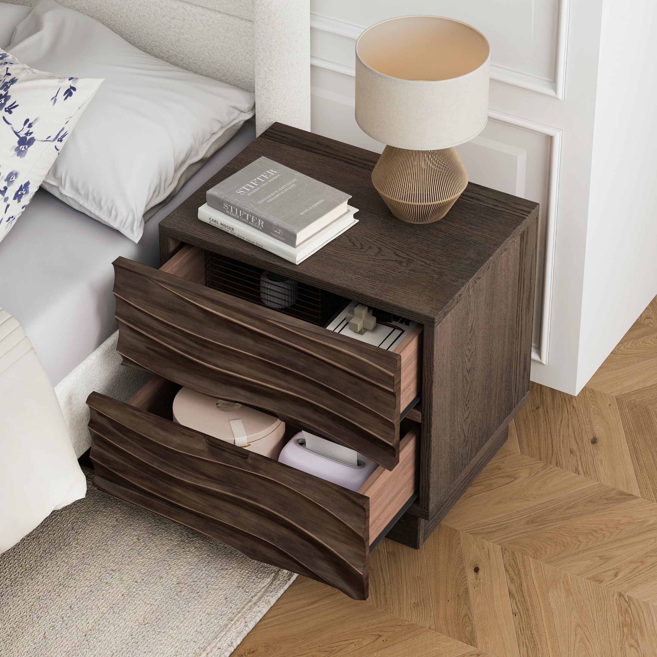 GDF Studio Solid Wood Nightstand with 2 Drawers, Handle-Free Design, Silent Metal Slides, Brown