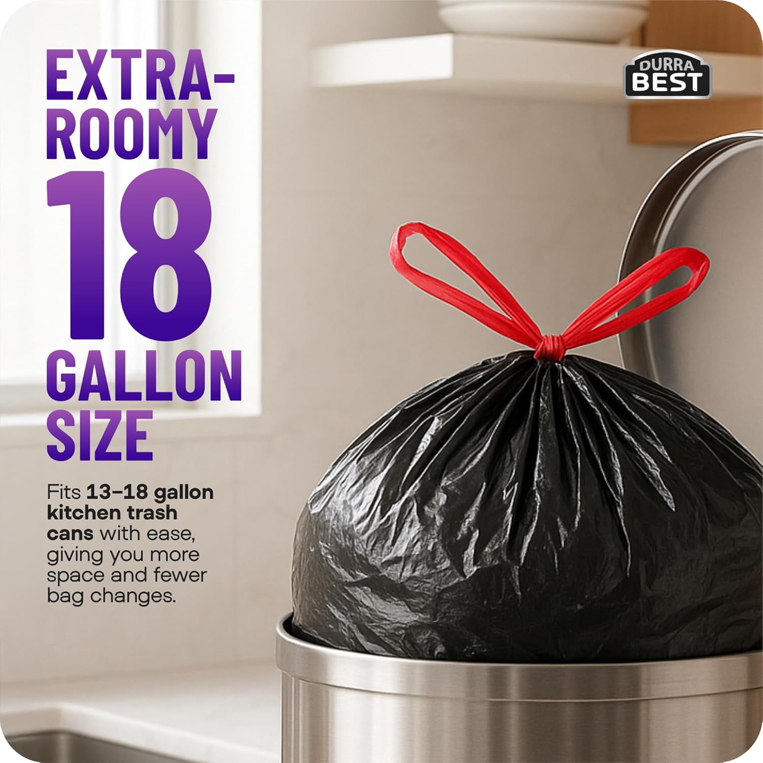 DURRA BEST Heavy-Duty Trash Bags – 120 count, 18 Gallon Black, Ultra Thick Drawstring Garbage Bags – Leak-Resistant for Home & Commercial Use, Big Trash Bags, Made in USA