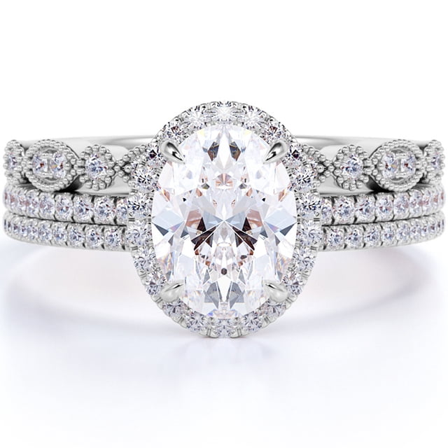 JeenMata Unique 2 Carat Real Moissanite Wedding Trio Ring Set with Engagement Ring and 2 Wedding Bands in 18k Gold Plating for Women