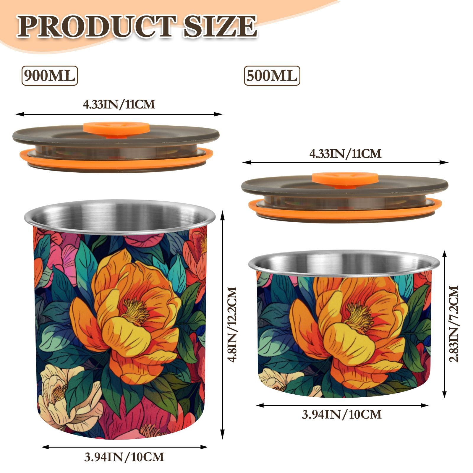 Colorful Peony Floral Airtight Coffee Bean Canister 30oz Food Storage Containers with Lids For Gournd, Tea, Sugar, Flour, Rice, Cereal, Candy Cookie Jar