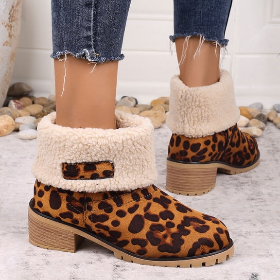 AUDeals Women's Snow Booties, Leopard Print Fur Lined Boots with Chunky Heel Comfort for Winter Outdoor Wear (Brown, 8)
