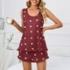 thumbnail image 3 of Women Heart Print Ruffle Pajamas Set Crewneck Tank Top Slant Pocket Shorts 2 Piece Sleepwear Loungewear Burgundy XXL, 3 of 6