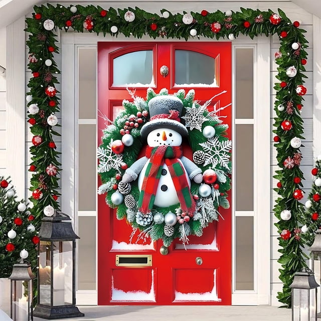 Uuiauoio Merry Christmas Door Cover Design Banner Backdrop Front Door Porch Photography Background Winter Xmas New Year Decoration 71x35 Inch,Festival Party Decoration