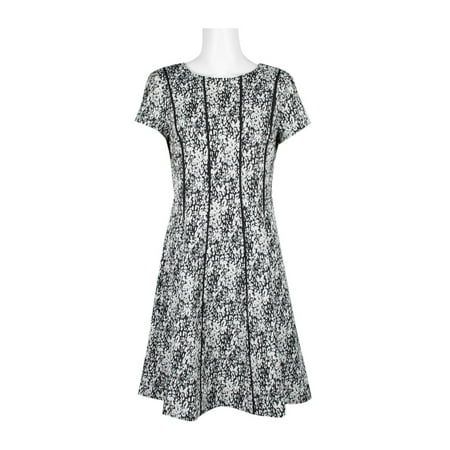 Adrianna Papell Scoop Neck Short Sleeve Piping Detail Zipper Back A-Line-BLACK IVORY