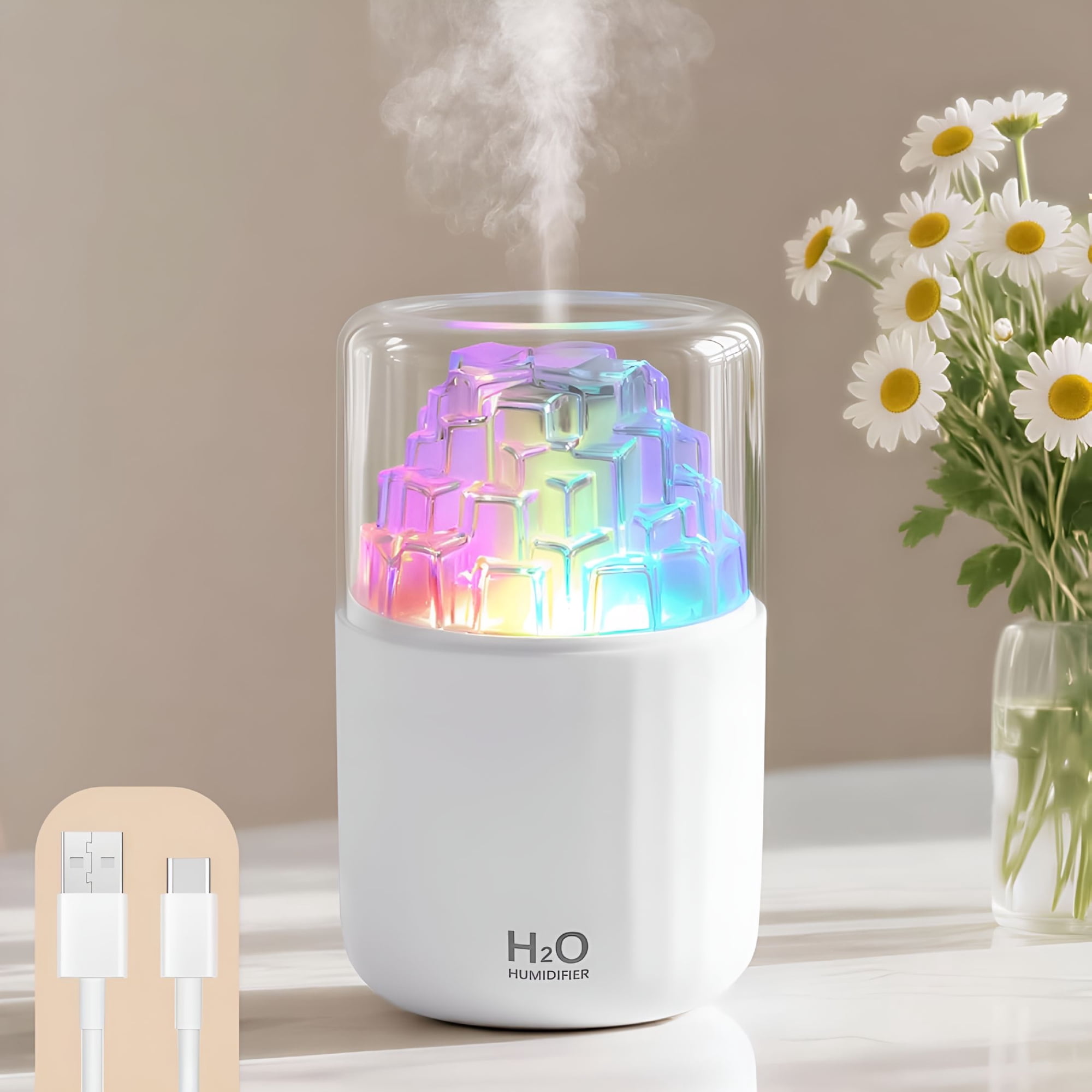 HIBIBUD Portable Mist Humidifier with Colorful Light Auto-Off Usb Desktop Personal Humidifiers 2 Cool Spray Modes 300Ml for Bedroom Office Car Travel White