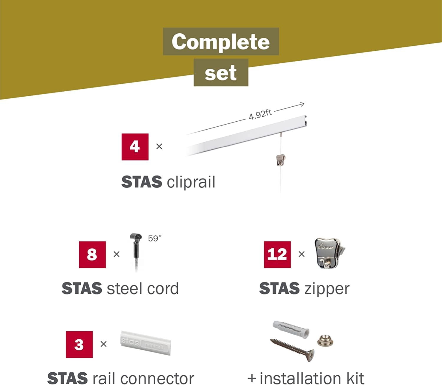 STAS Cliprail Picture Hanging System Set - Covers 19.69 ft of Wall Space - Basic Picture Rail & Art Hanging Gallery Kit White Rails, Includes 12 Hooks & Cords
