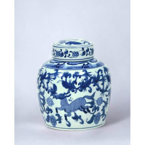 AA Importing AAI 9" Ginger Jar, Chinoiserie Deer Design, Blue and White