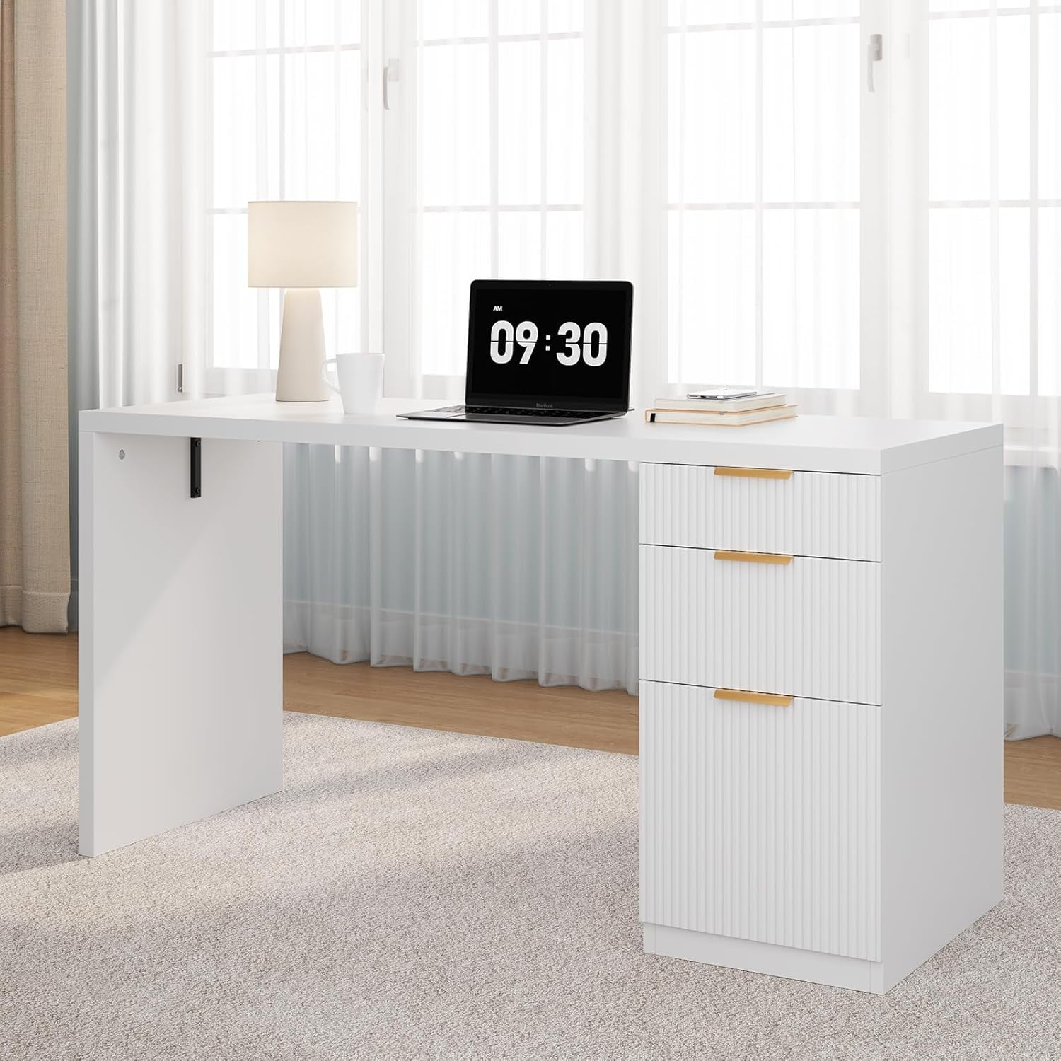 SELOOYE 58" Modern Executive Desk with Storage, Home Office Desk with Drawer & Cabinet, Wooden Fluted Desk for Study, Living Room, Bedroom, White