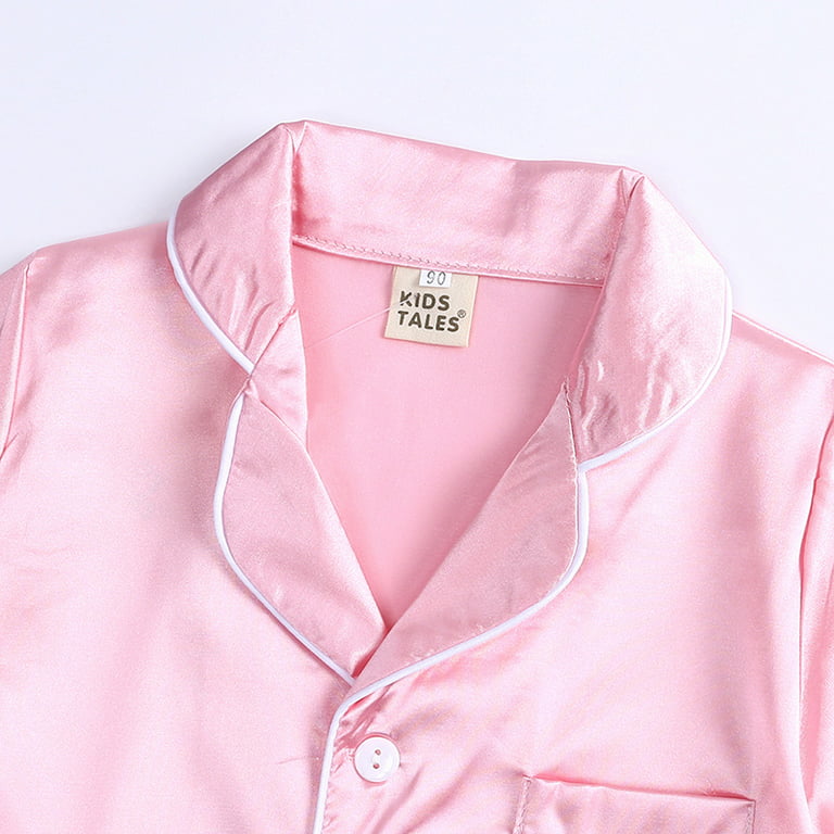 Girls Boys Satin Sleepwear Set, Long Sleeve Silky Button Down V-neck 2  Piece Pajamas Loungewear for Kids Toddler Pink 12-13Y