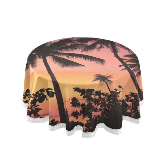 Round Single Sided Printed Tablecloth, 60 Inch Polyester Round Table Cover with White Lace Trim, Wrinkle Resistant Decorative Table Cloth for Home The Pink Coconut Tree