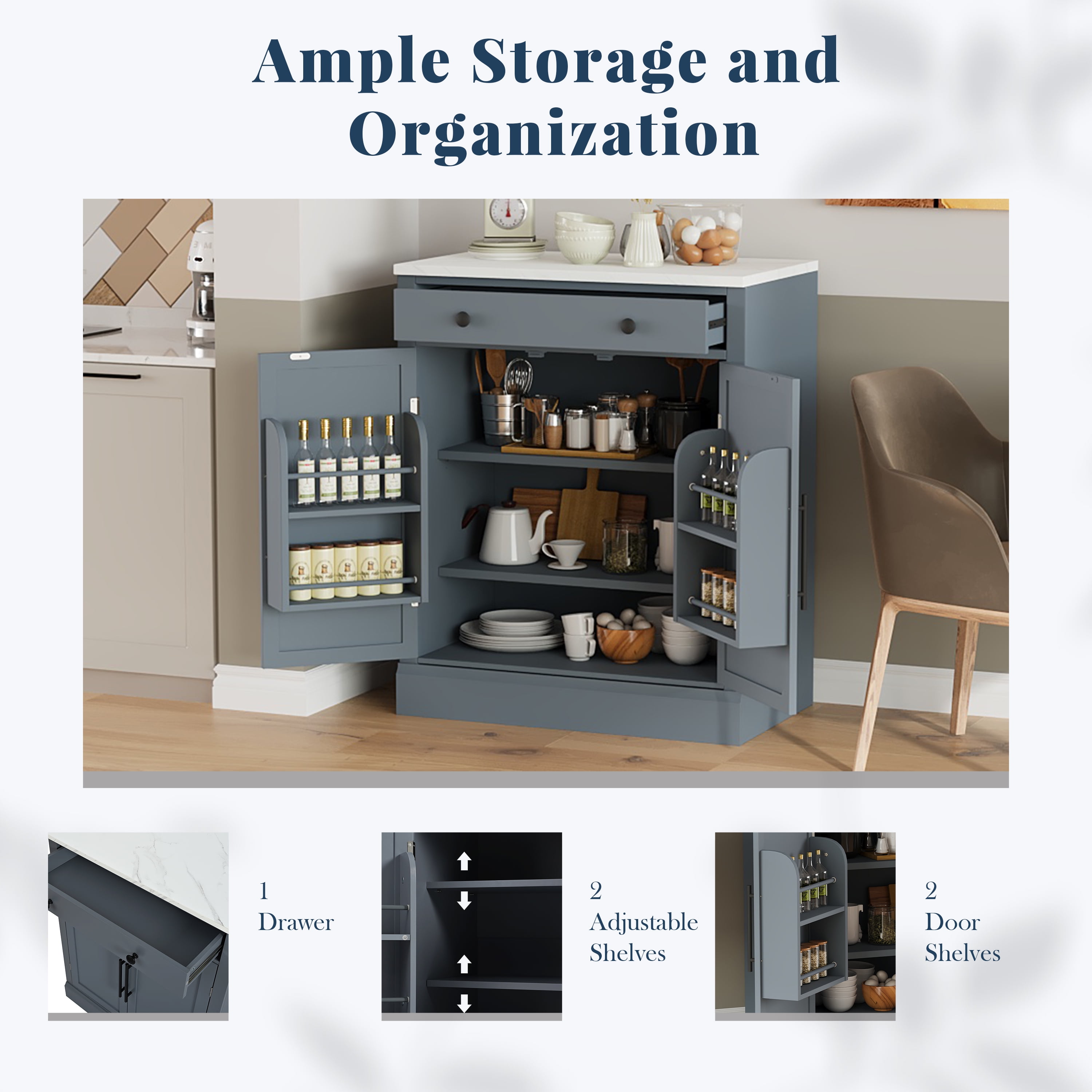 Euroco Freestanding Kitchen Cabinet with Marble Countertop, 2 Adjustable Shelves, 2 Door Shelves, and Pull-Out Drawer, 35.4" Height