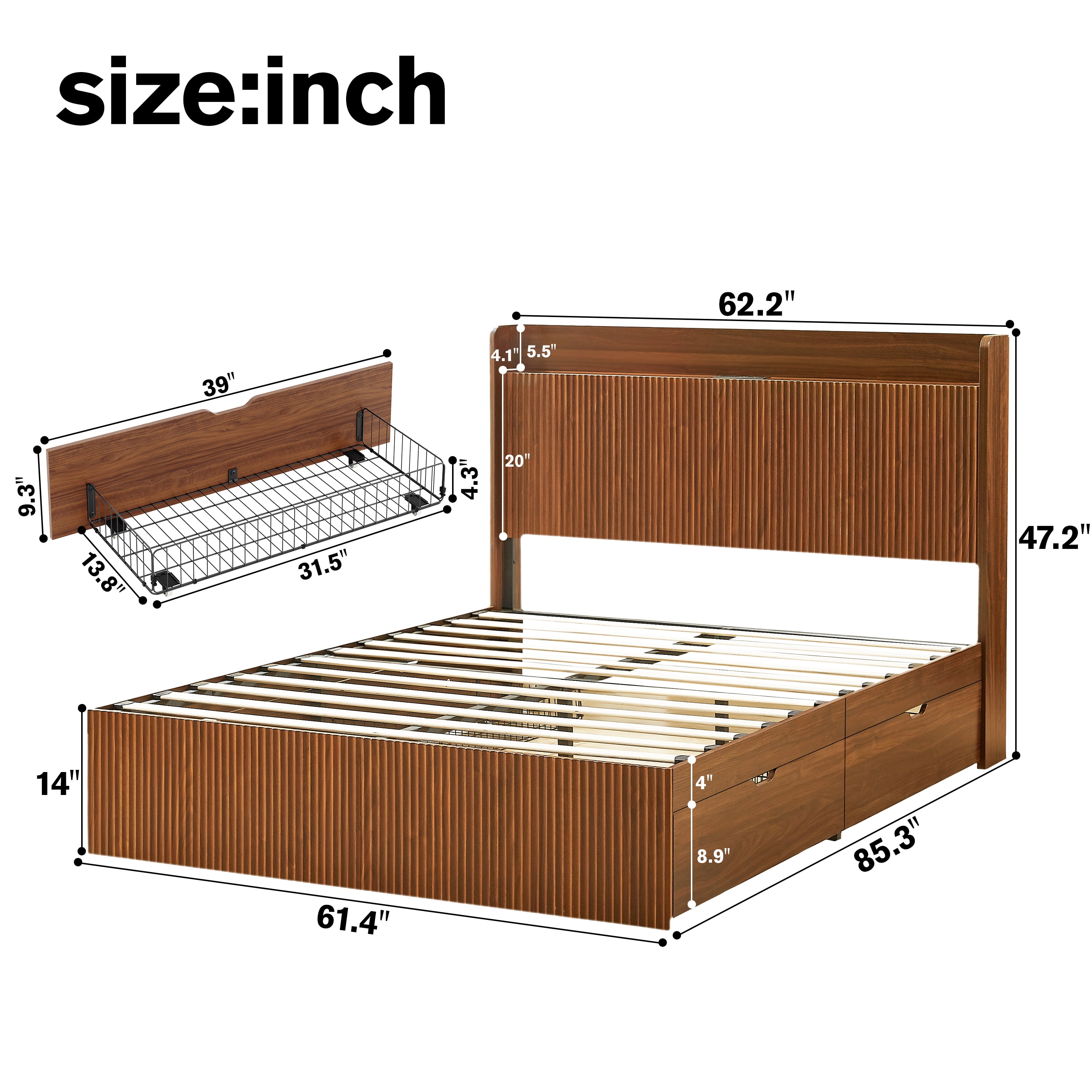 GARITIN Queen Size Platform Bed Frame with 4 Storage Drawers & Built-in Charging Station, Wooden Storage Box Bed, Large Capacity Organizer for Bedroom, Walnut