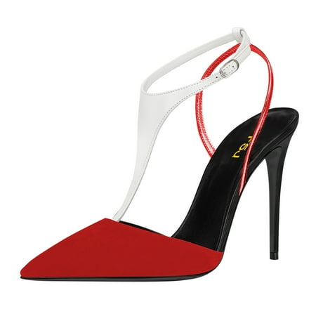 FSJ Women Sexy Stiletto High Heels Pumps Pointy Close Toe D Orsay Slingback T-Strap Buckle Slide Sandals Casual Work Formal Shoes Size 9 Red