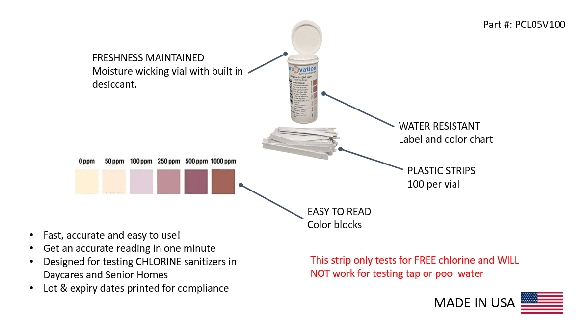 Free Chlorine/Bleach Test Strips, 0-1000 ppm, Designed for Cruises, Daycares, and Senior Homes for Sanitizing and Disinfecting [Vial of 100 Strips]